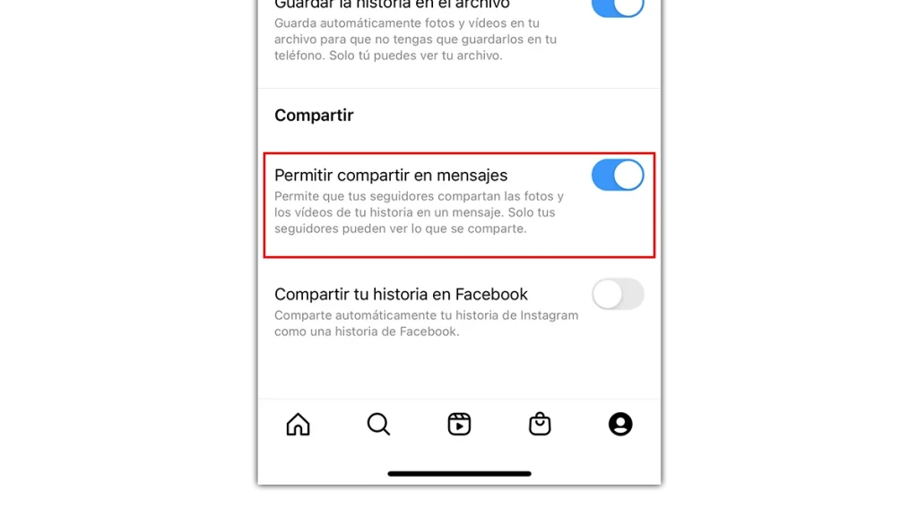 Habilita permitir compartir en instagram para que otros puedan compartir tus historias