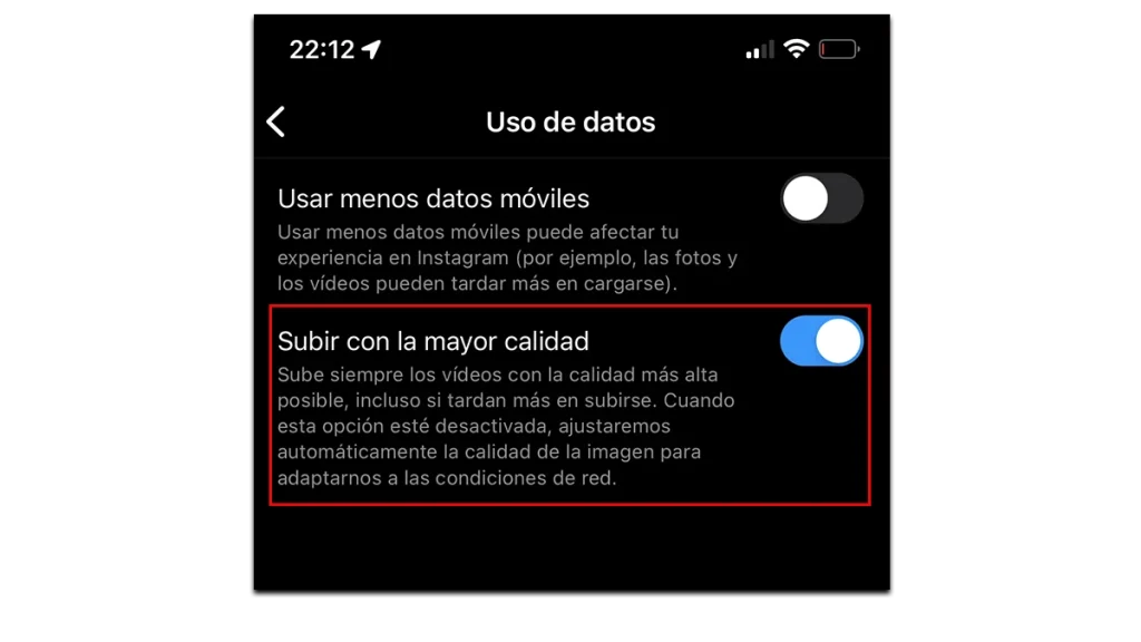 Activa la opción subir con mayor calidad, para subir fotos a instagram sin perder calidad