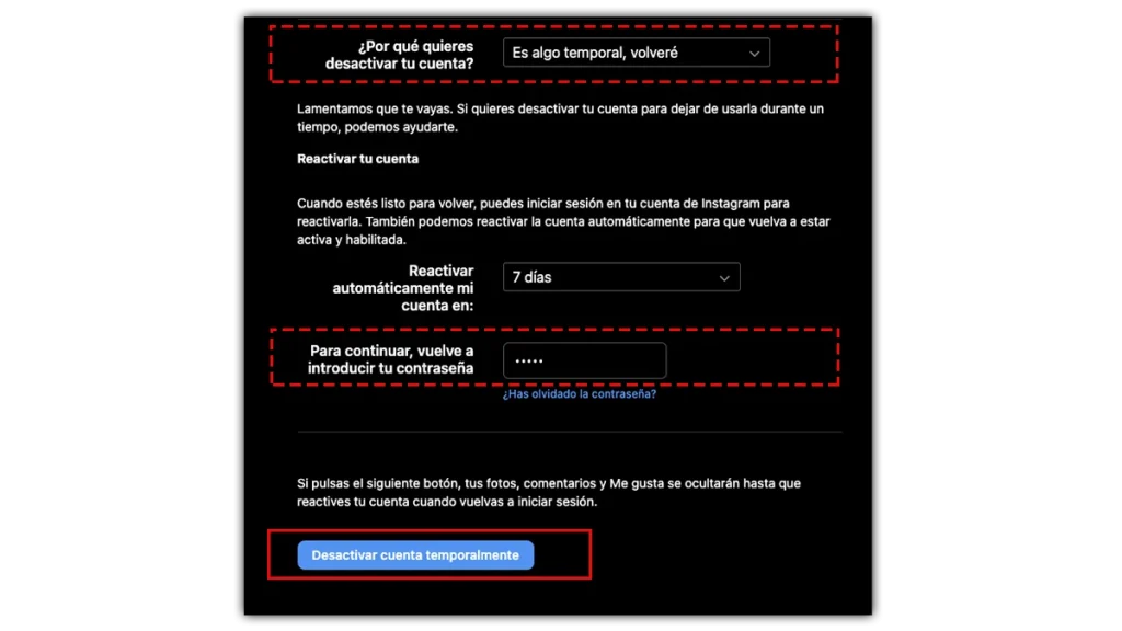desactivar tu cuenta de instagram temporalmente desde el PC