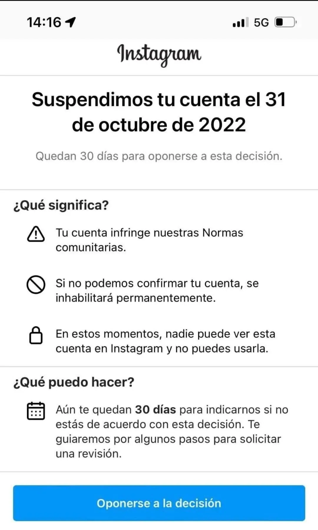 Suspencion de cuenta